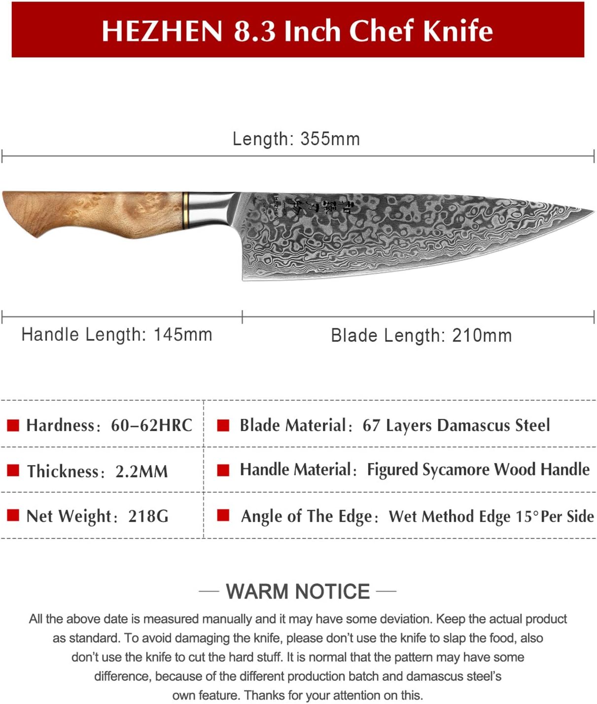 HEZHEN Chef's Knife-Professional-8.3 inch Damascus - Image 4